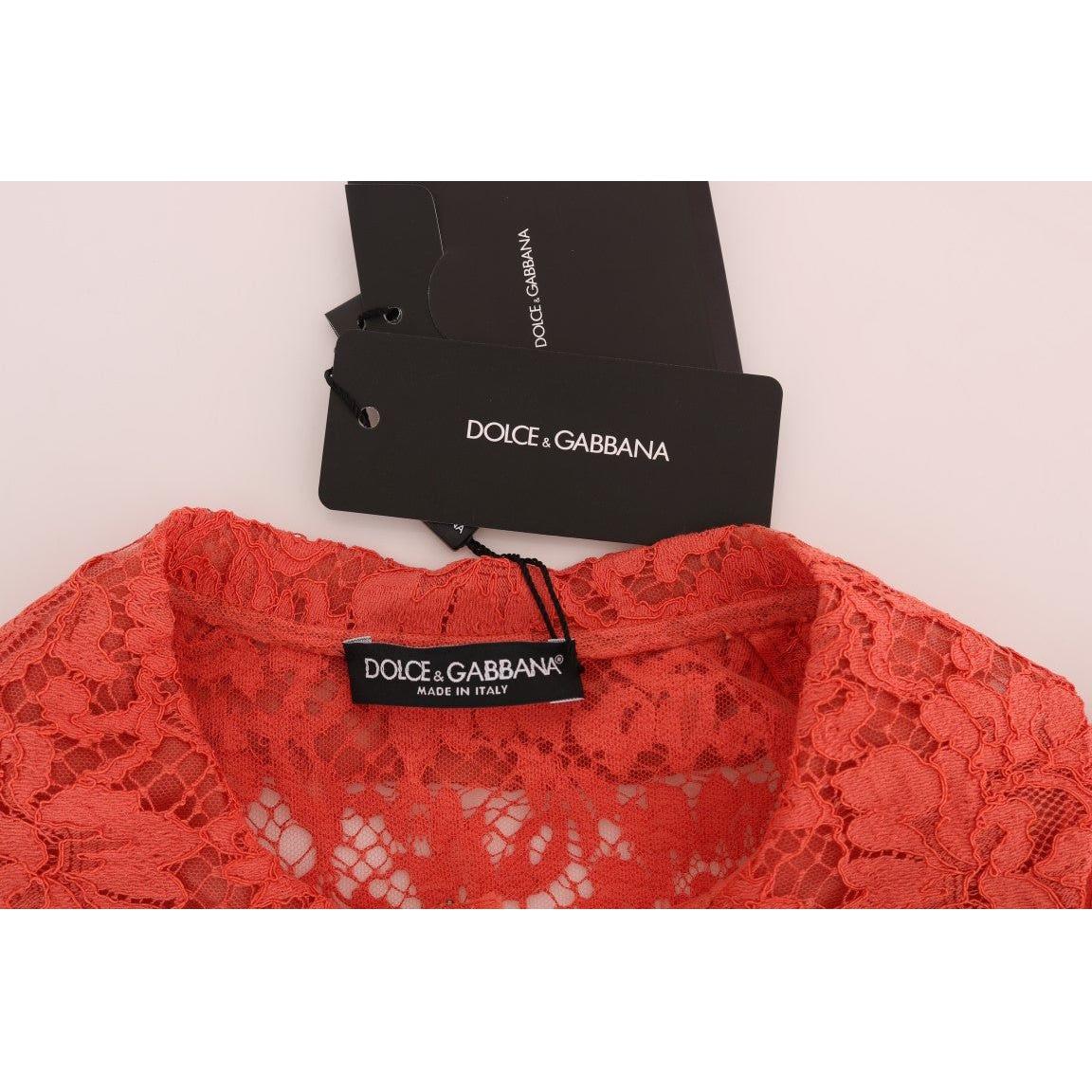 Dolce & Gabbana Orange Crystal Buttons Floral Lace Blouse