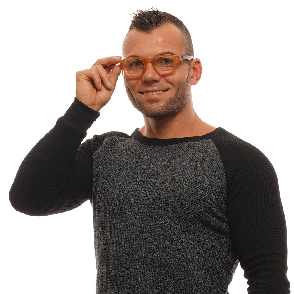 Man wearing Ermenegildo Zegna Brown Men Glasses Frame with a smile, showcasing stylish full-rim eyeglasses for men with round lenses.