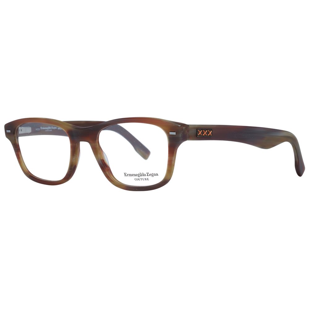 Ermenegildo Zegna Brown Men Glasses Frame in plastic with rectangle style, full-rim design, size 53-19-145; includes branded case.