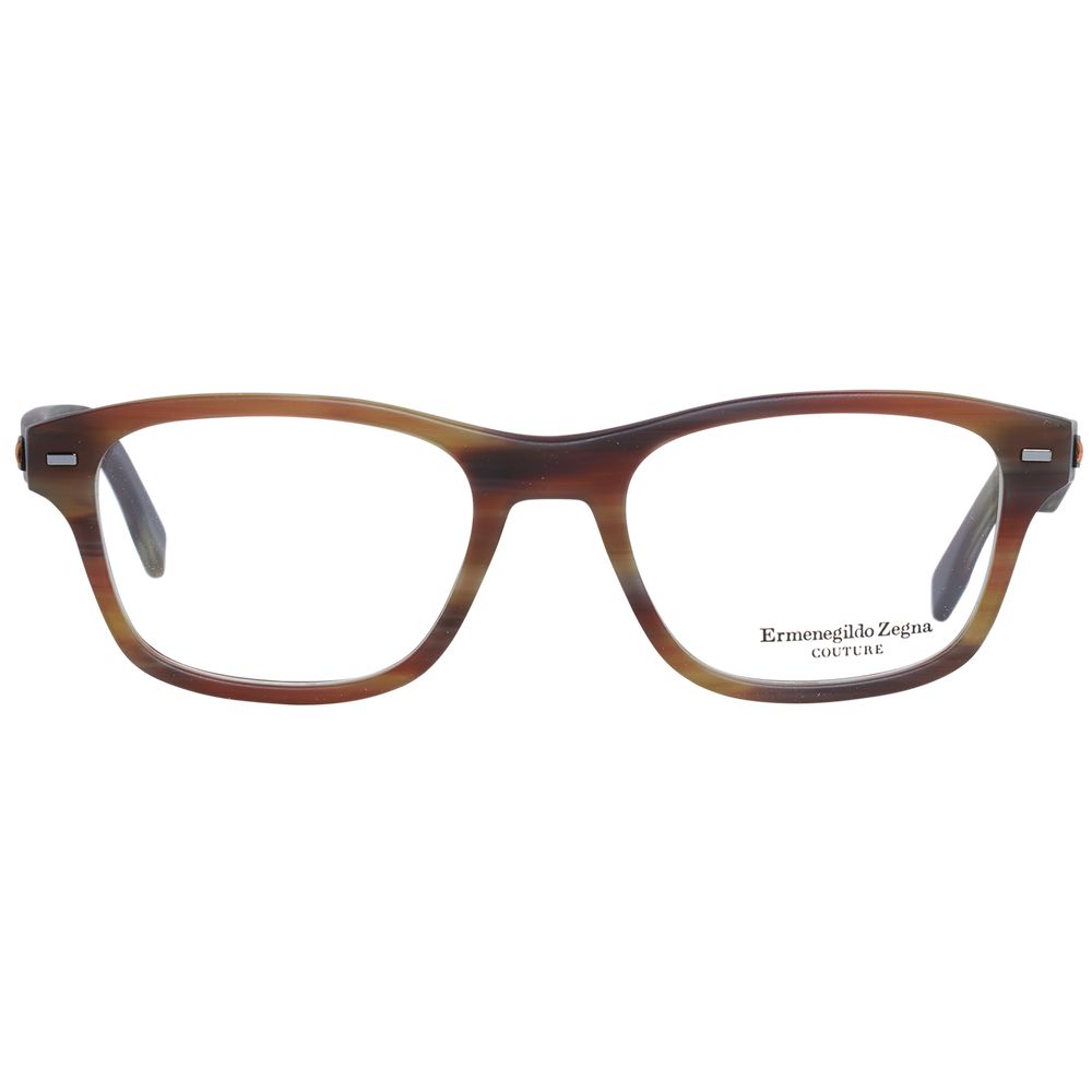 Ermenegildo Zegna Brown Men Glasses Frame in full-rim rectangle style, plastic material, size 53-19-145, includes branded case.