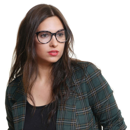 Woman wearing Tod's Gray Plastic Glasses (Frames) with round full-rim design and grey frame, styled with a plaid jacket.
