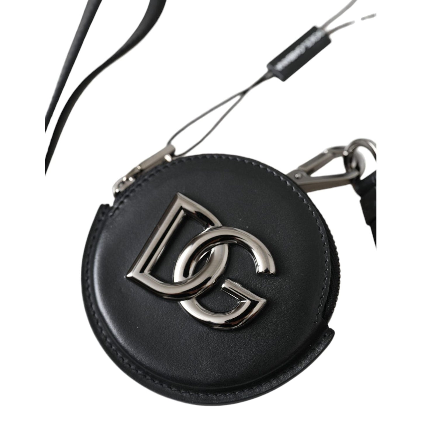 Dolce & Gabbana Black Round Leather DG Logo Coin Purse Lanyard Wallet