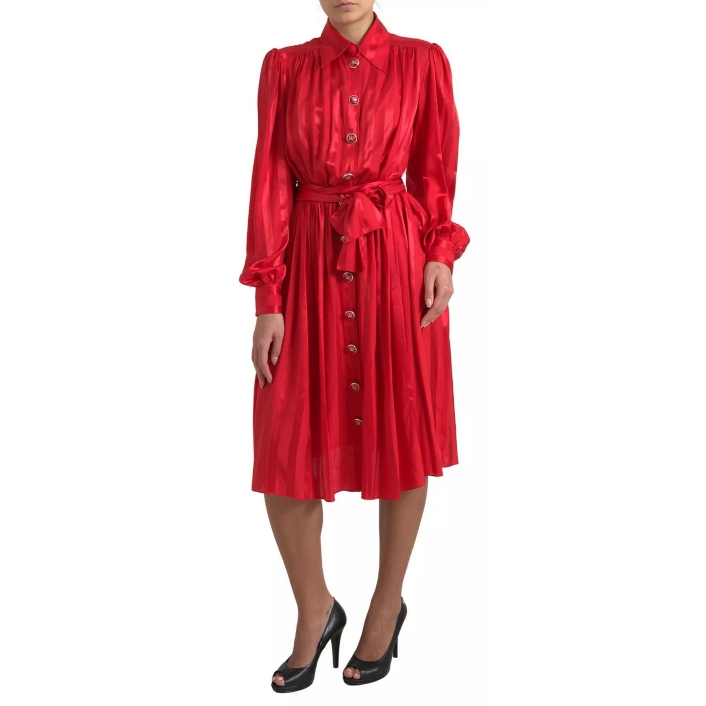 Dolce & Gabbana Red Button Down Belted Midi Satin Silk Dress
