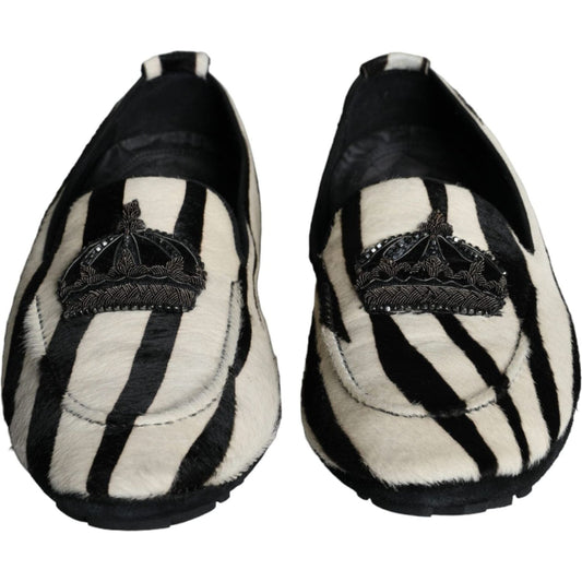 Dolce & Gabbana Black White Calf Fur Slip On Loafers Men Shoes MV5882-41