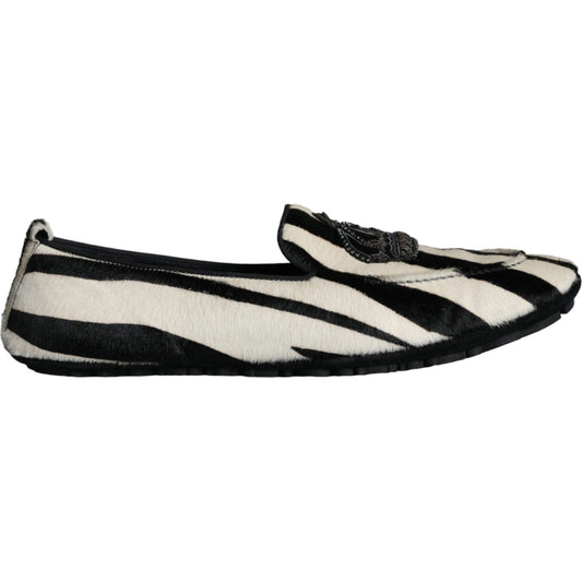 Dolce & Gabbana Black White Calf Fur Slip On Loafers Men Shoes MV5882-41