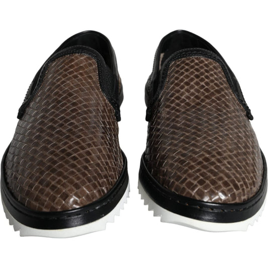 Dolce & Gabbana Brown Black Leather Weaved Men Loafers Shoes MV5921-40.5