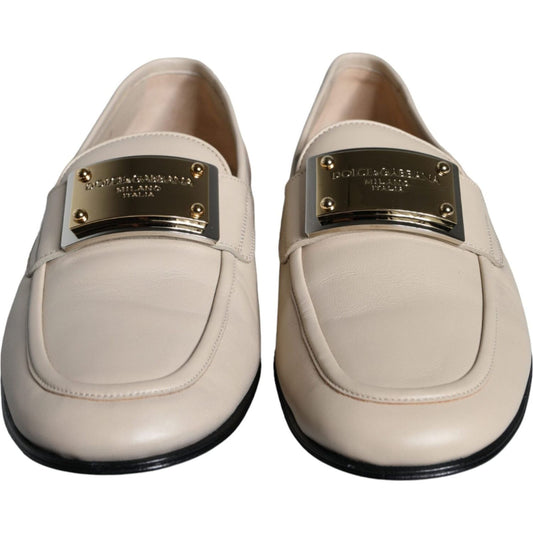 Dolce & Gabbana Beige Leather Logo Plaque Slip On Men Loafers Shoes MV6116-43