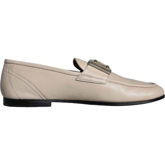 Dolce & Gabbana Beige Leather Logo Plaque Slip On Men Loafers Shoes MV6116-43
