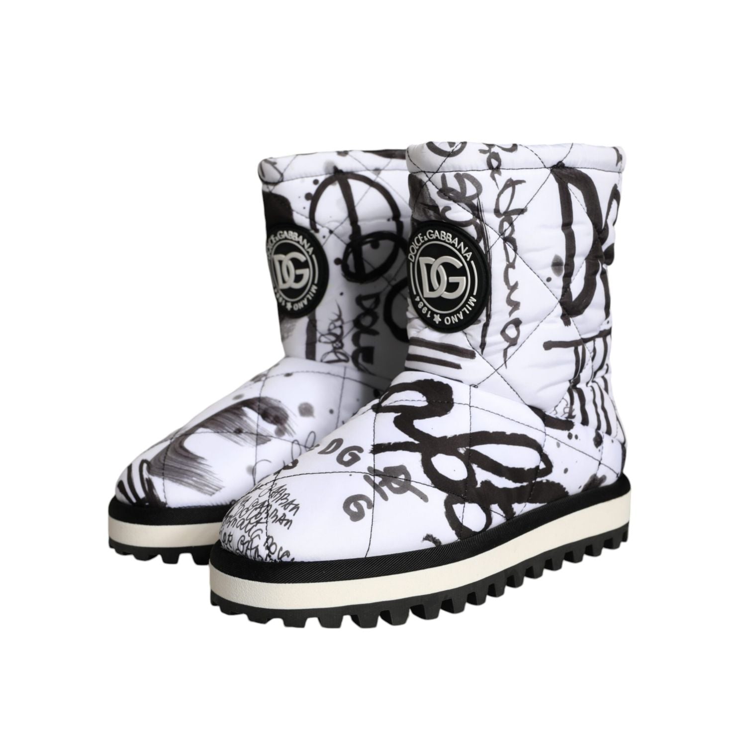 Dolce & Gabbana White Padded Logo Print Mid Calf Boots Shoes