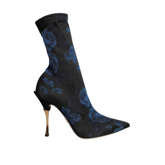 Dolce & Gabbana Black Floral Stretch Mid Calf Boots Shoes