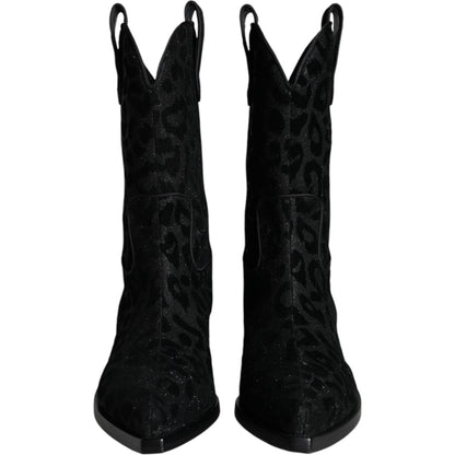Dolce & Gabbana Black Gray Leopard Cowboy Boots Shoes