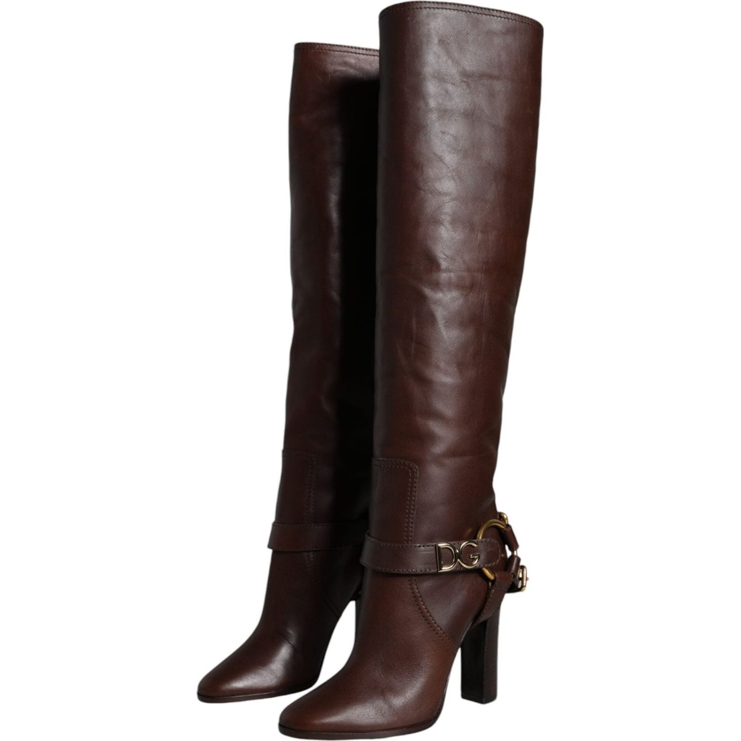 Dolce & Gabbana Brown Leather Gold Tone Logo High Boots Shoes LA11537-36