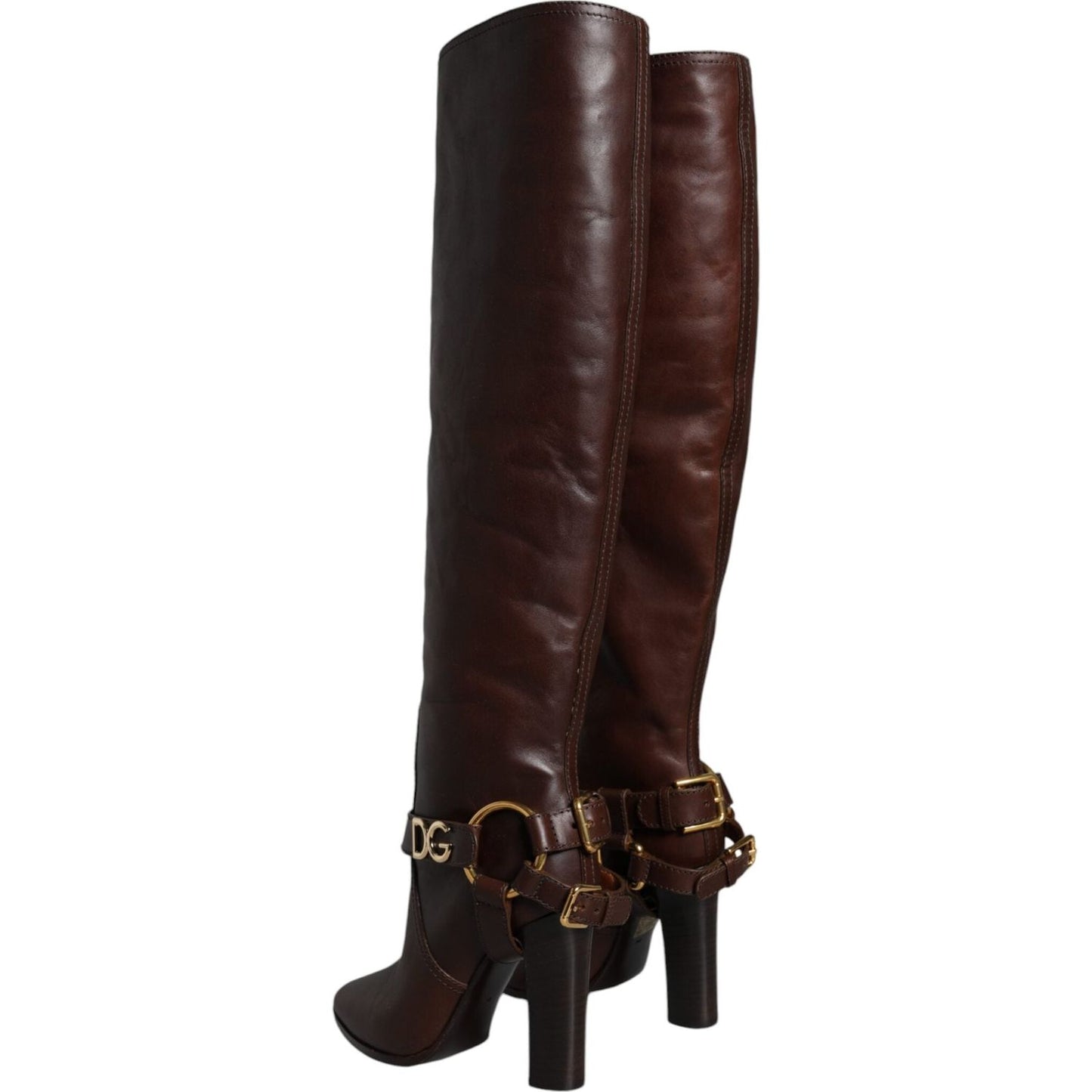 Dolce & Gabbana Brown Leather Gold Tone Logo High Boots Shoes LA11537-36