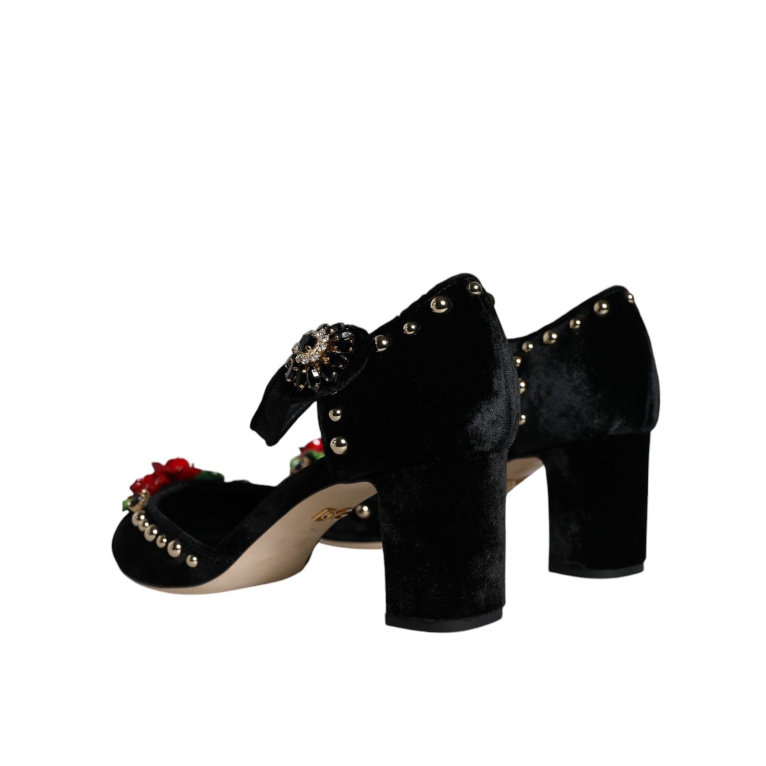 Dolce & Gabbana Black Velvet Roses Ankle Strap Pumps Shoes