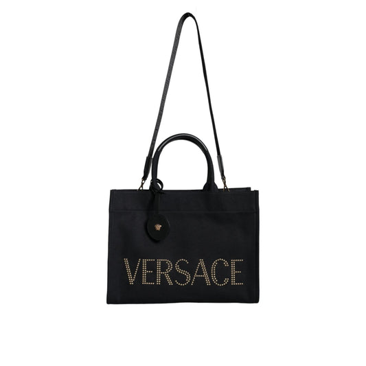 Versace Black Top Handle Canvas Leather Logo Crossbody Tote Bag BAG1589