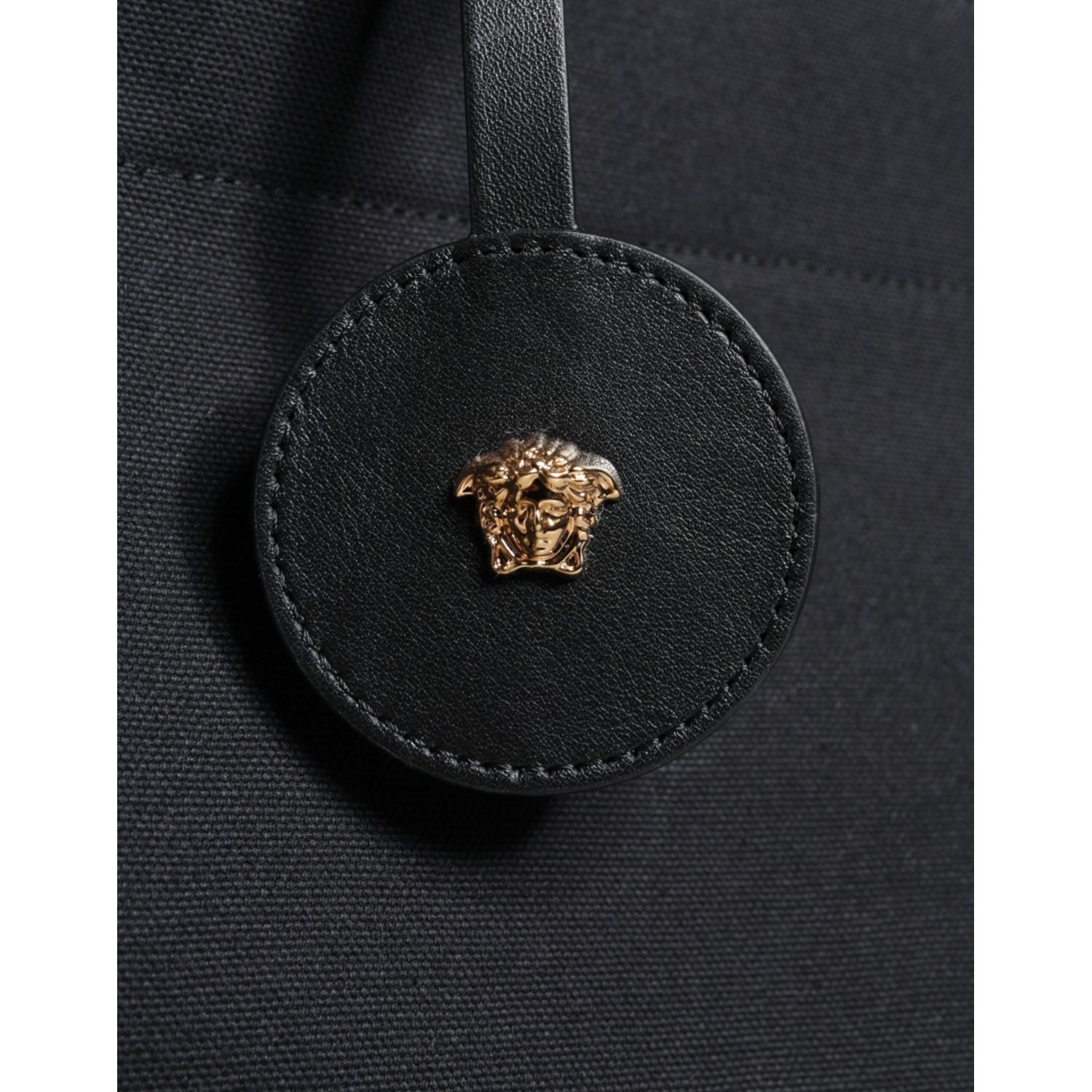 Versace Black Top Handle Canvas Leather Logo Crossbody Tote Bag