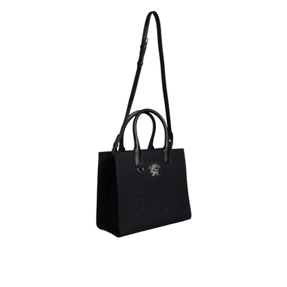 Versace Black Top Handle Canvas Leather Logo Crossbody Tote Bag