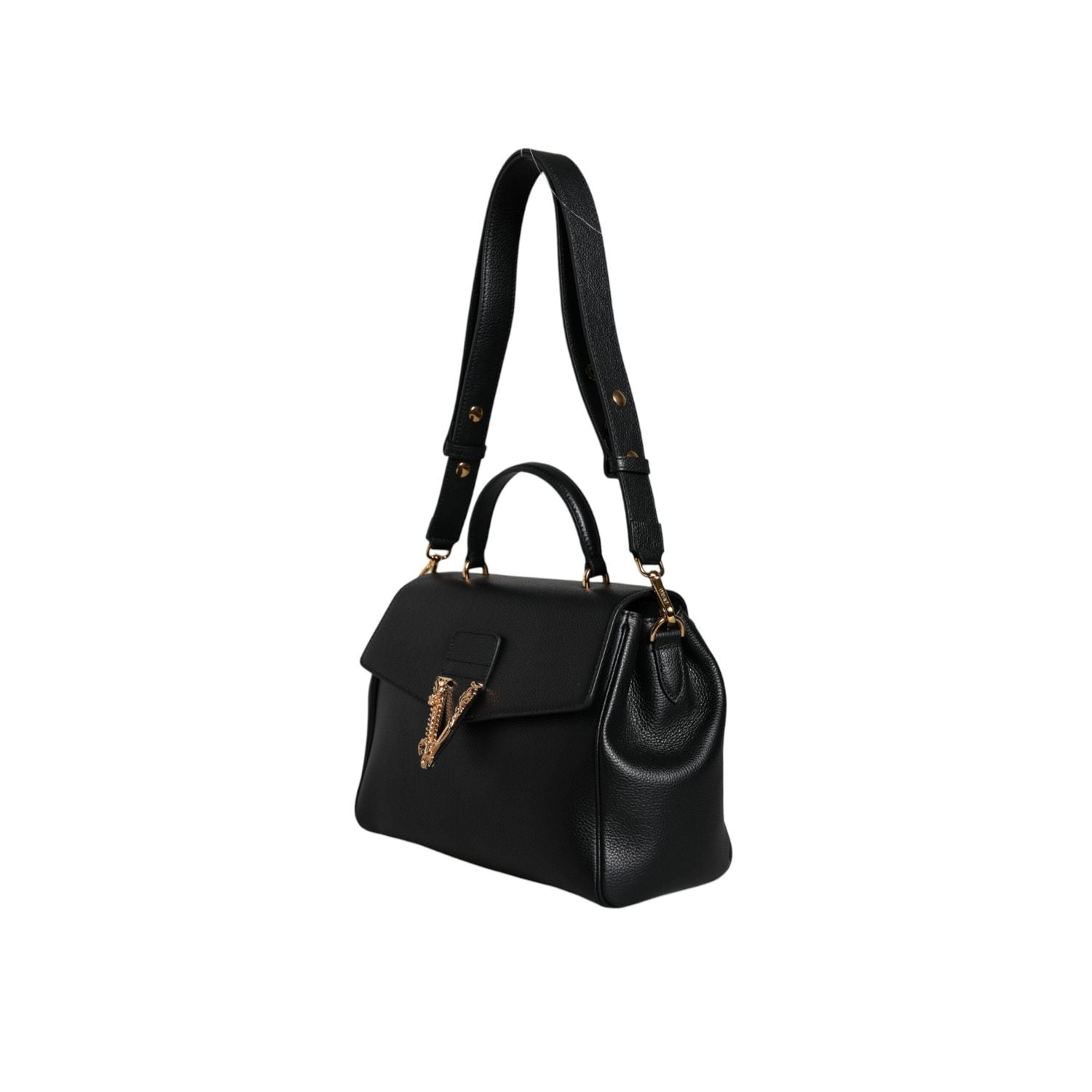 Versace Black Top Handle Grainy Calfskin Leather Crossbody Bag