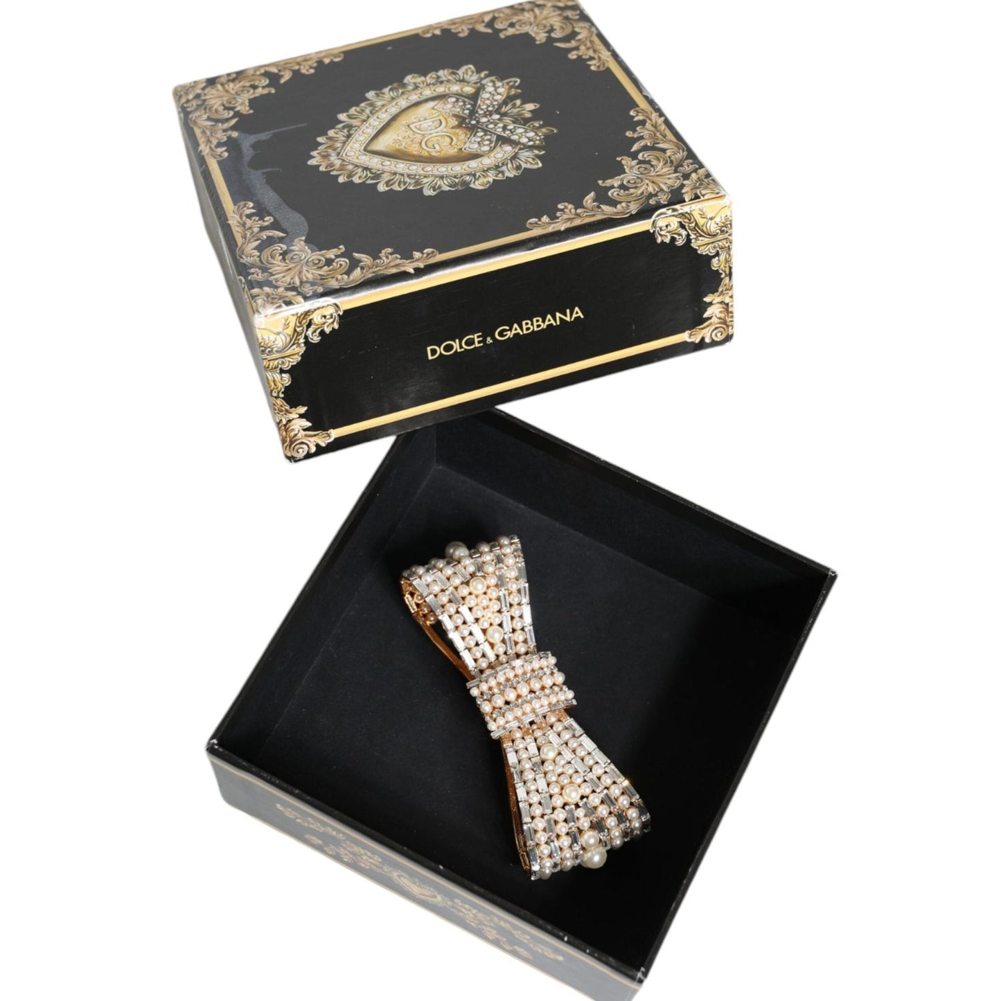 Dolce & Gabbana Gold Tone Brass Bow Crystal FauxPearl Embellished Brooch