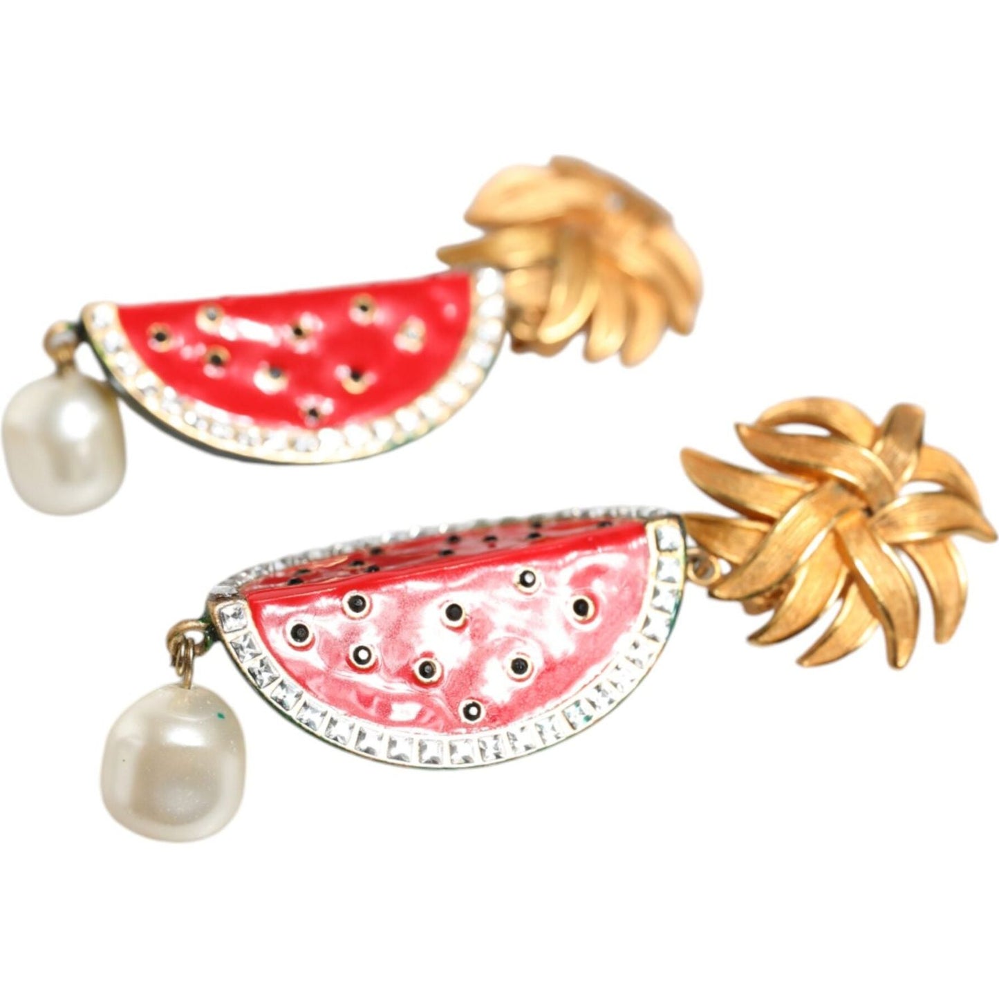 Dolce & Gabbana Red Watermelon Gold Brass Crystal Clip Dangling Earrings Earrings