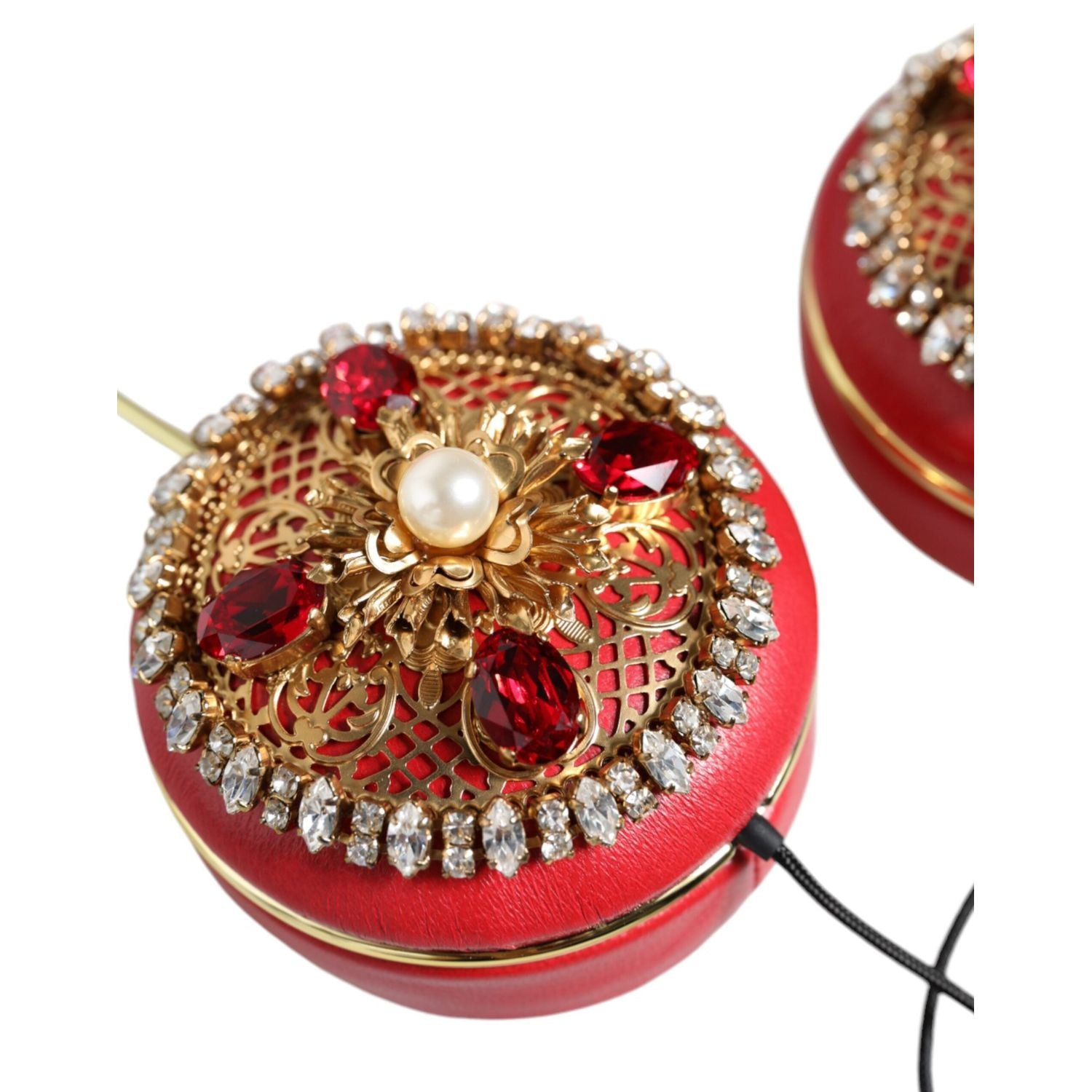 Dolce & Gabbana Red Nappa Leather Floral Crystal Headphone