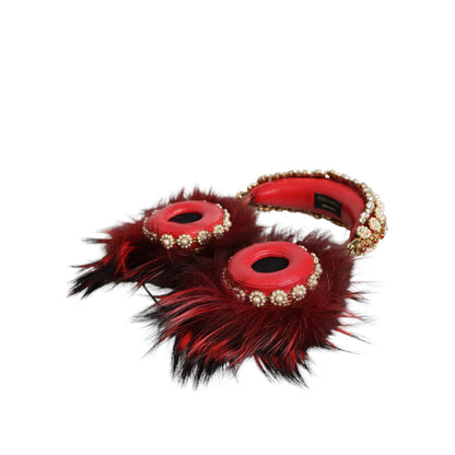Dolce & Gabbana Red Gold Crystal Fur Headset Audio AUX Headphones