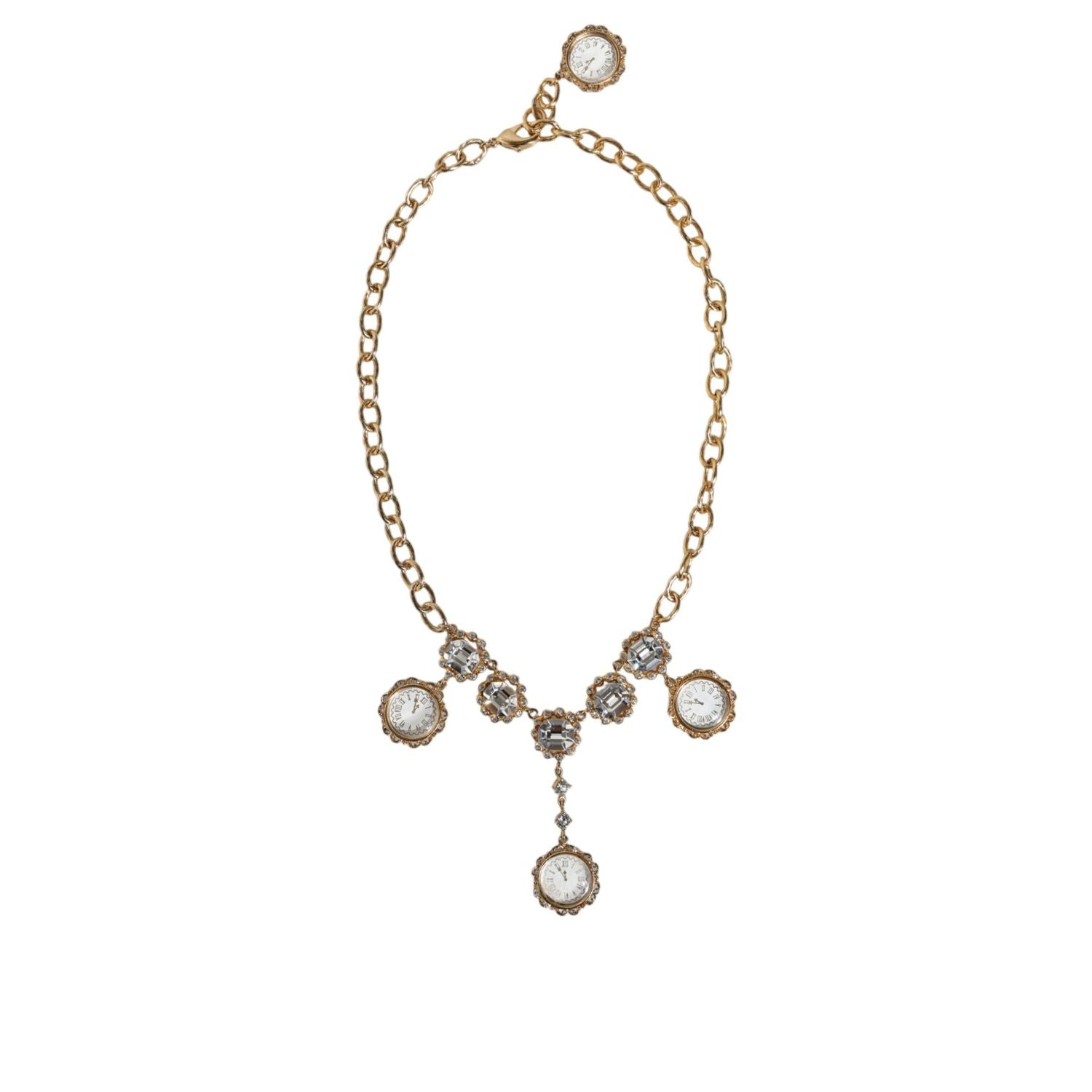 Dolce & Gabbana Gold Chain Brass Crystal Clock Statement Necklace