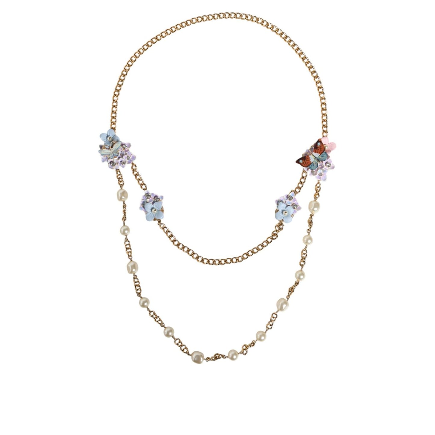 Dolce & Gabbana Gold Chain Brass Floral Layered Crystal Pearl Necklace