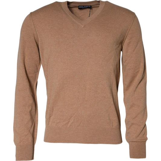 Dolce & Gabbana Brown Cashmere Knit V-neck Pullover Sweater TSH84555-46