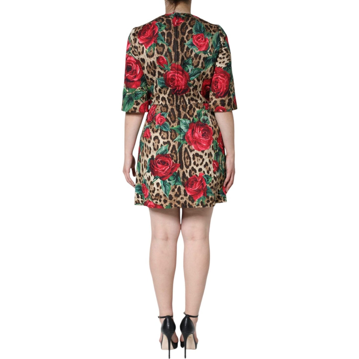 Dolce & Gabbana Brown Leopard Red Roses Cotton A-line Dress DR281207-40