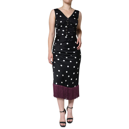 Dolce & Gabbana Black Silk Polka Dot V-neck Tassel Midi Dress