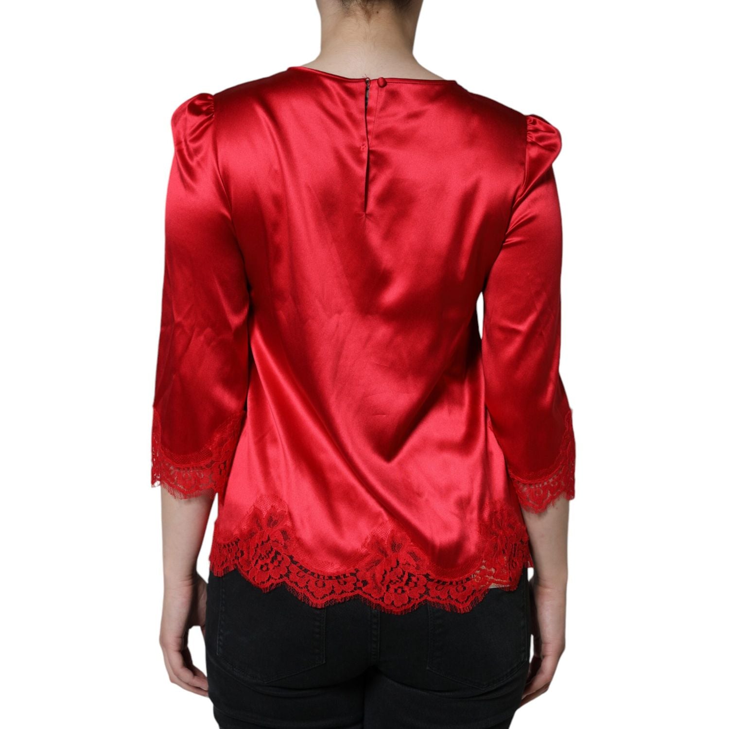 Dolce & Gabbana Red Satin Lace Trim Round Neck Blouse Top