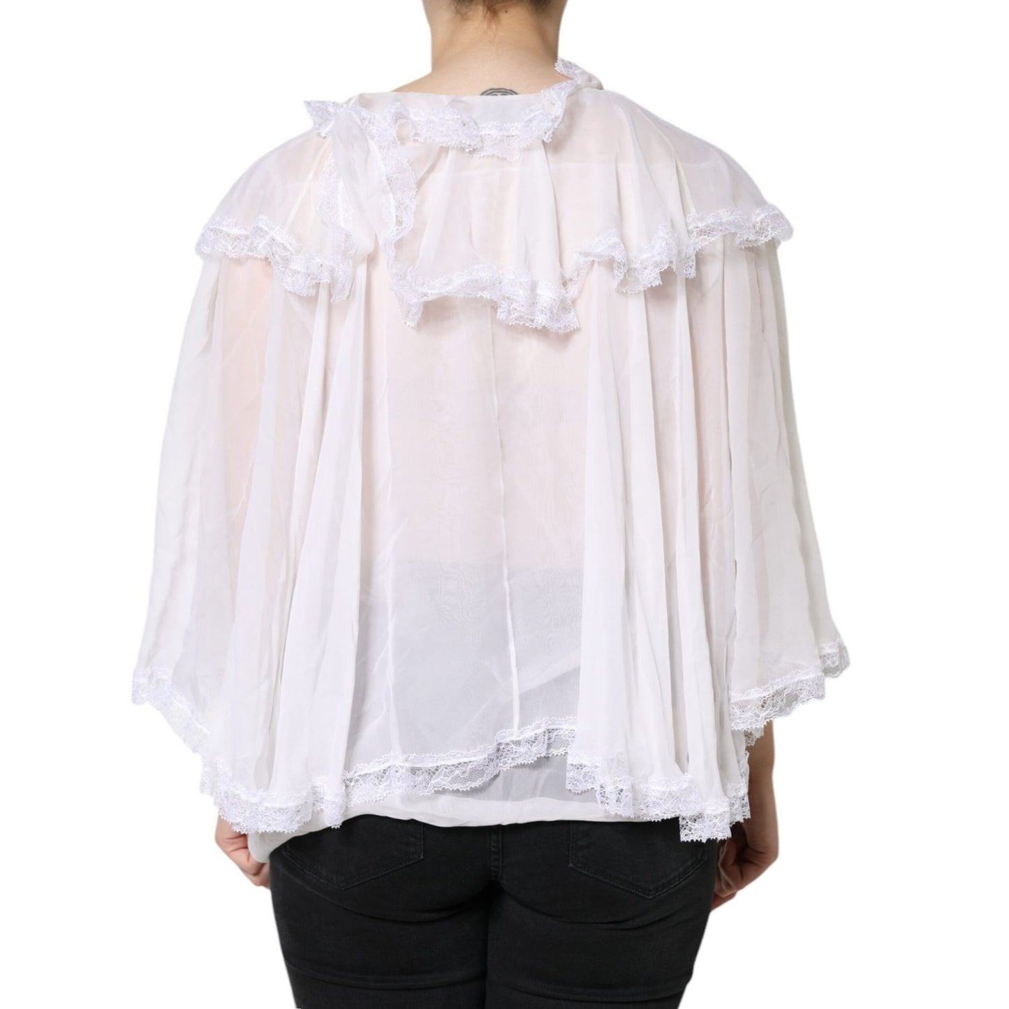 Dolce & Gabbana White Ruffles Lace Long Sleeve Blouse Top