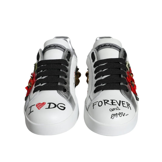 Dolce & Gabbana White Leather Floral Studded Sneakers Shoes LA11664-35