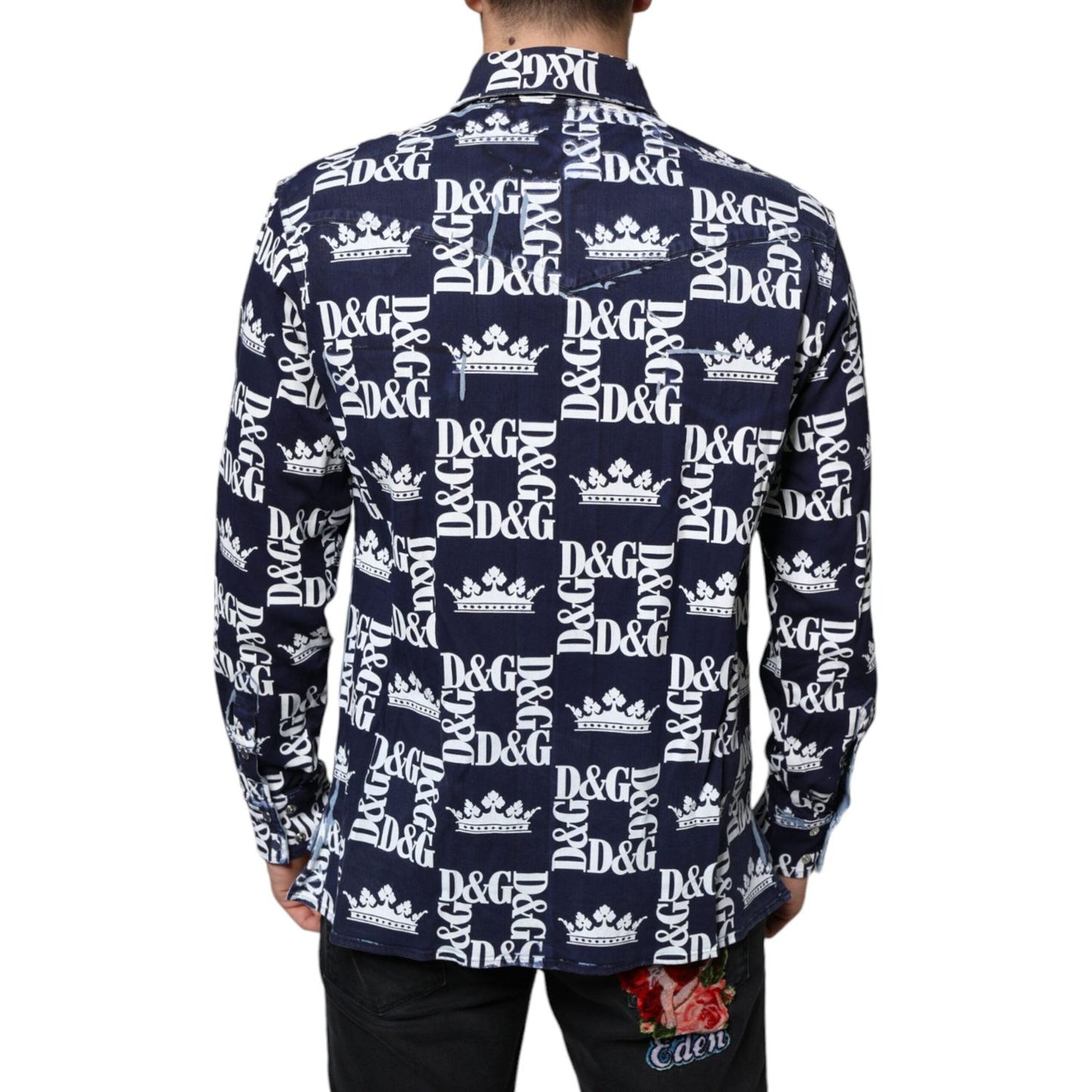 Dolce & Gabbana Blue Crown Logo Print Slim Fit Cotton Shirt Dolce & Gabbana