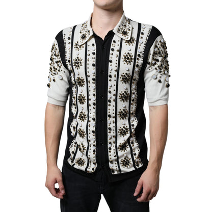 Dolce & Gabbana White Black Silk Studded Stone Crystal Shirt Dolce & Gabbana