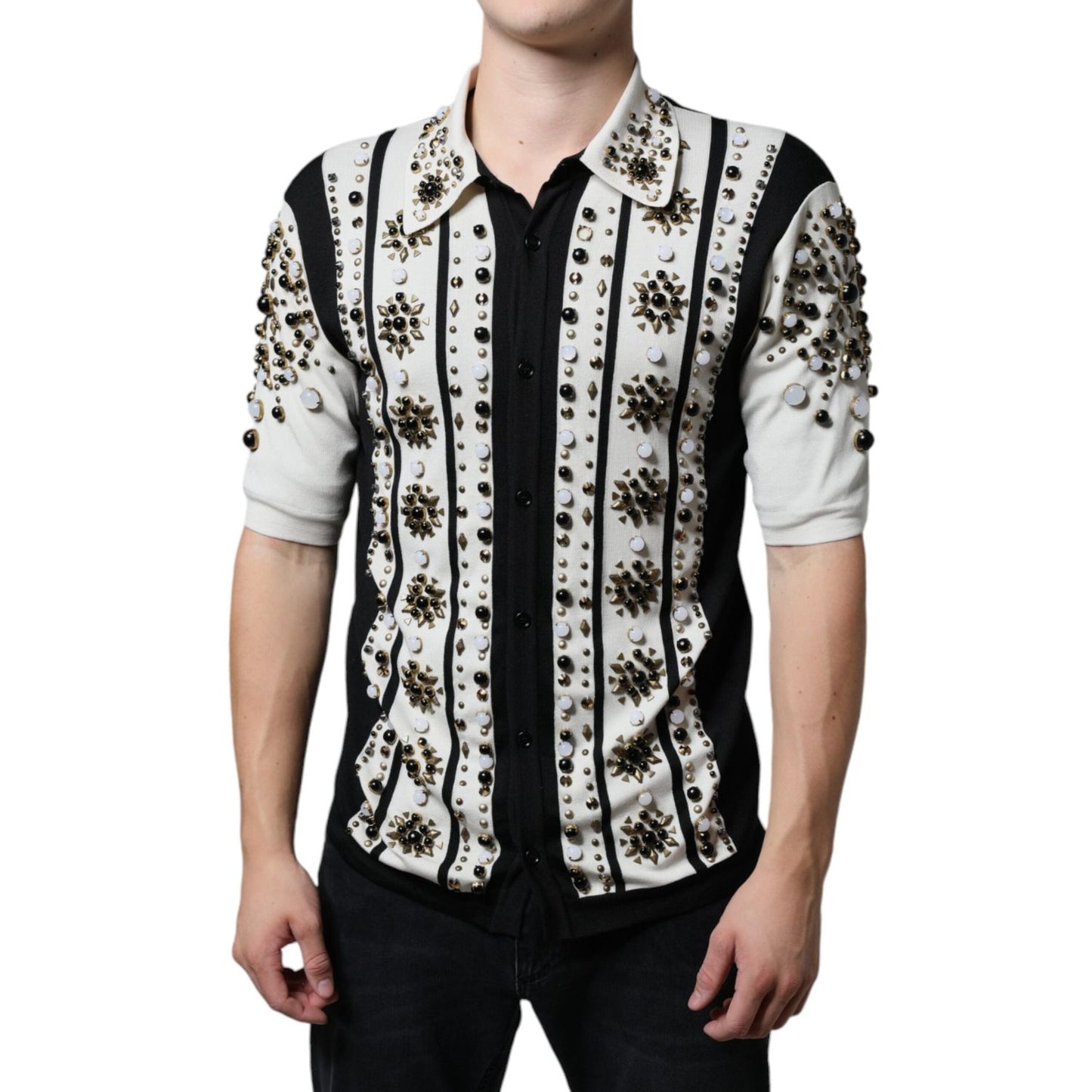 Dolce & Gabbana White Black Silk Studded Stone Crystal Shirt Dolce & Gabbana