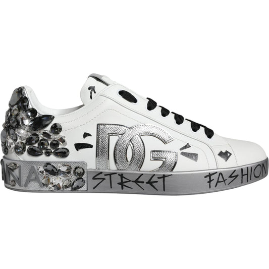 Dolce & Gabbana White Silver Crystal Logo Portofino Sneakers Shoes MV6153-43.5
