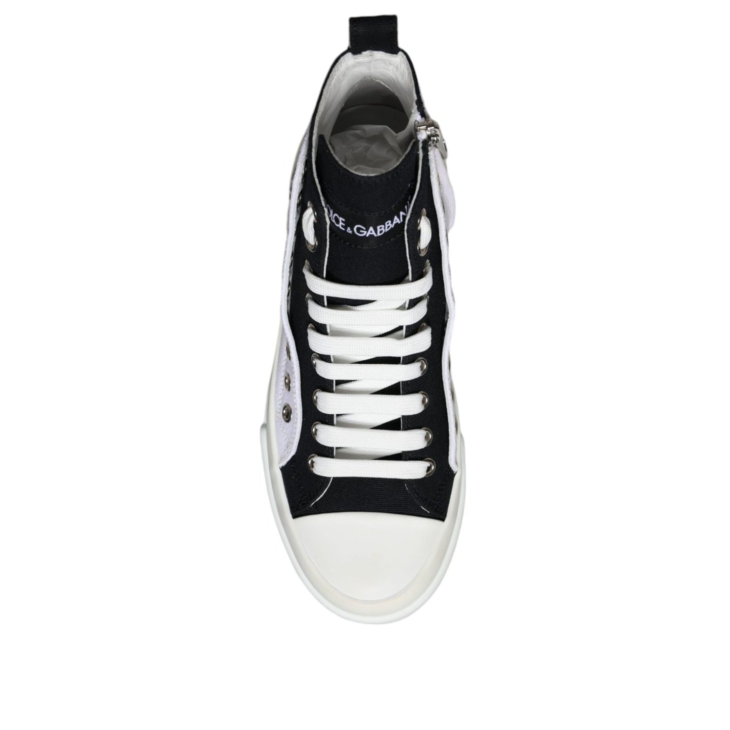 Dolce & Gabbana White Black Cotton Logo High Top Sneaker Shoes