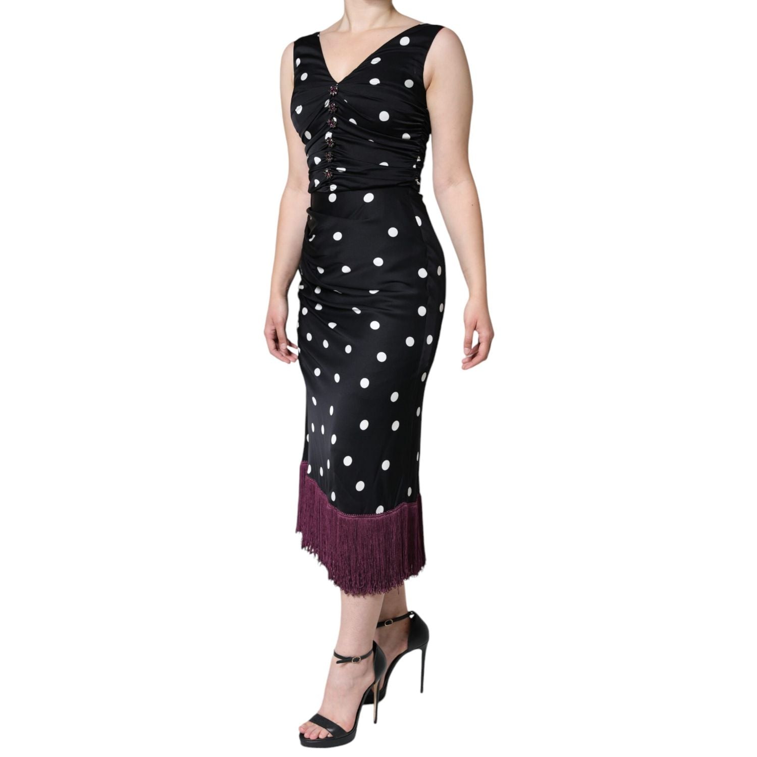 Dolce & Gabbana Black Silk Polka Dot Vneck Tassel Midi Dress