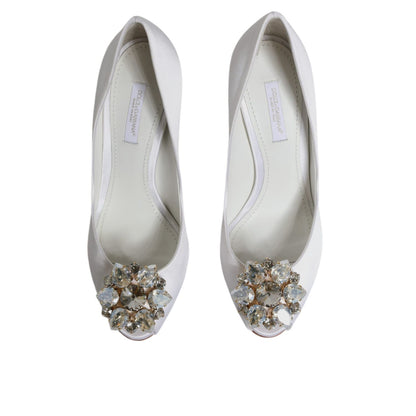 Dolce & Gabbana White Crystals Peep Toe Satin Pumps Shoes