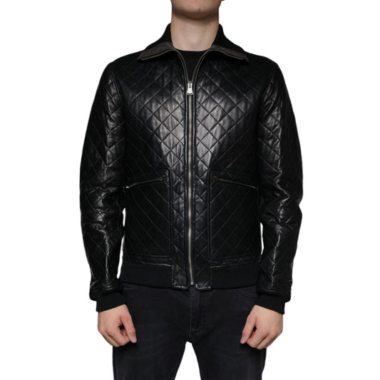 Dolce & Gabbana Black Calf Leather Quilted Full Zip Jacket