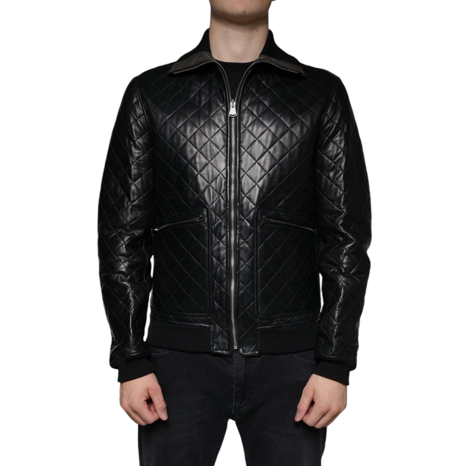 Dolce & Gabbana Black Calf Leather Quilted Full Zip Jacket