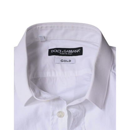 Dolce & Gabbana White Cotton Dress GOLD Formal Collared Shirt Dolce & Gabbana