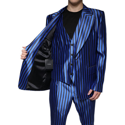 Dolce & Gabbana Metallic Blue Stripes Formal 3 Piece Suit