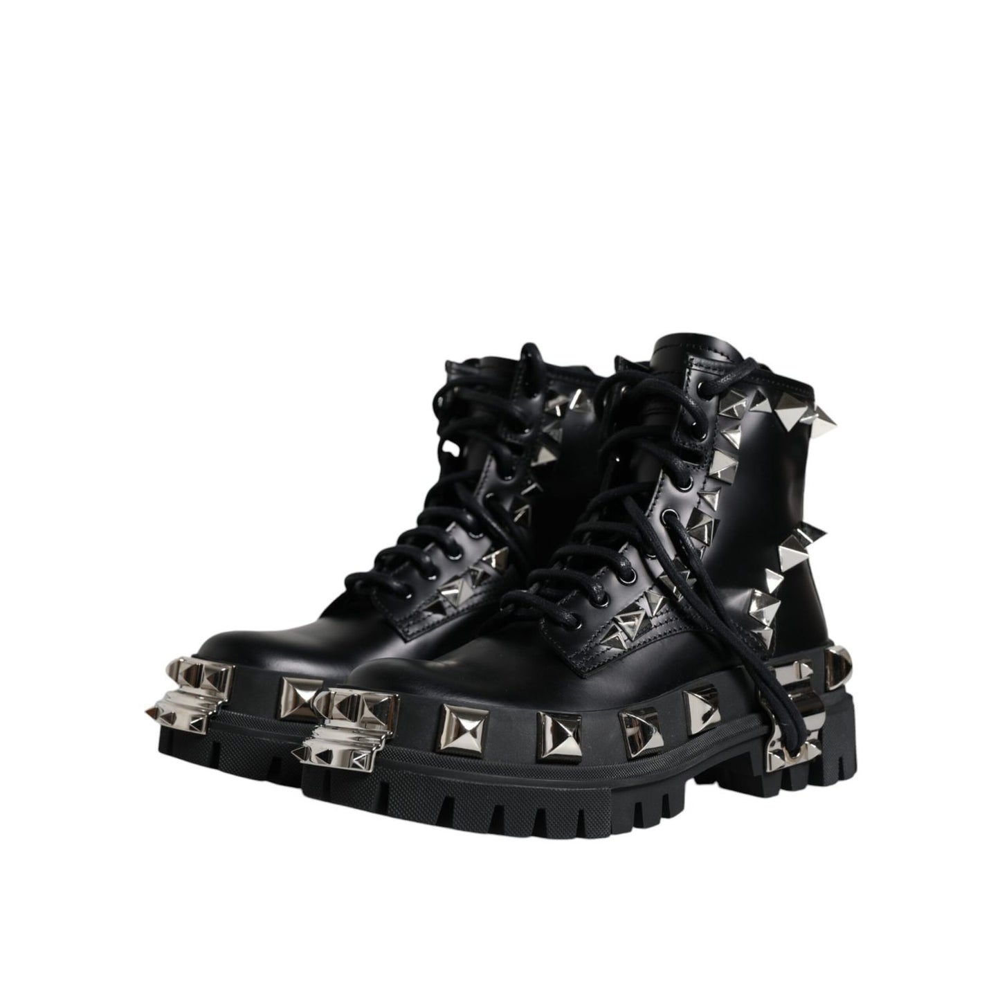 Dolce & Gabbana Black Leather Studded Trekking Boots Shoes