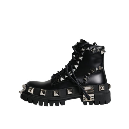 Dolce & Gabbana Black Leather Studded Trekking Boots Shoes