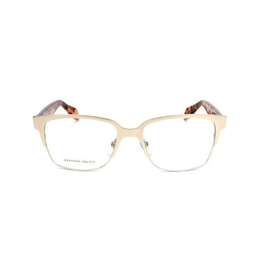 Alexander McQueen Bicolor Metal Frames in matte gold and Havana, model AMQ42578SO, 53/17/140mm measurements.