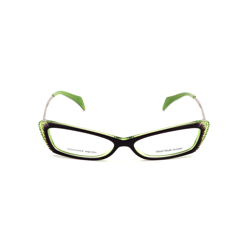 Alexander McQueen Multicolor Acetate Frames in golden, violet, and green with measurements 52/14/145mm for women, front view.