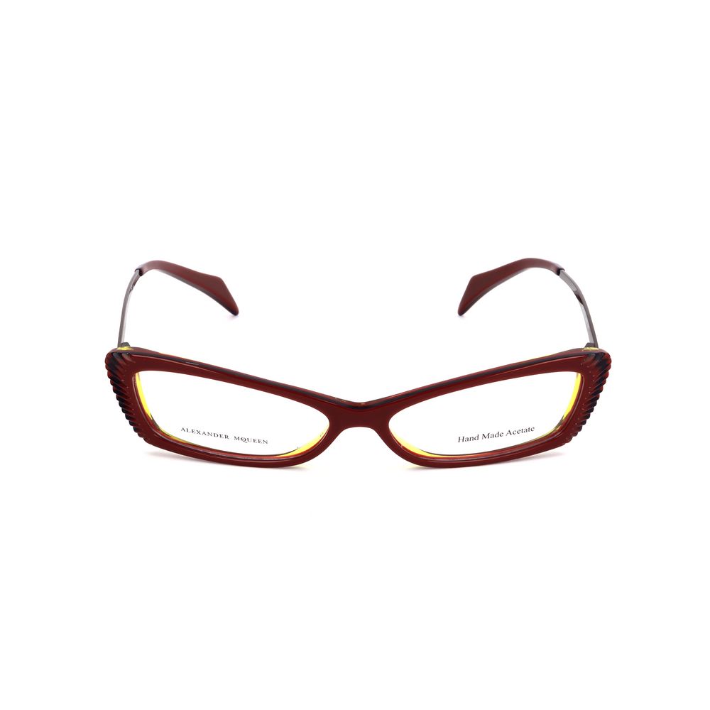 Alexander McQueen Multicolor Acetate Frames in burgundy, ruthenium grey, and yellow, front view.